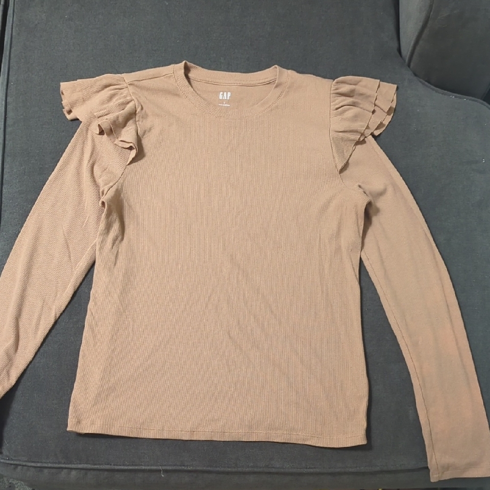 GAP Tan Ruffled Long Sleeve Blouse